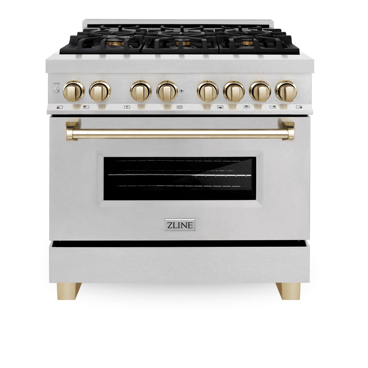 ZLINE Autograph Edition 36" 4.6 cu ft Dual Fuel Range with Gas Stove and Electric Oven in Fingerprint Resistant Stainless Steel with Gold Accents (RASZ-SN-36-G)