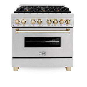 ZLINE Autograph Edition 36" 4.6 cu ft Dual Fuel Range with Gas Stove and Electric Oven in Fingerprint Resistant Stainless Steel with Gold Accents (RASZ-SN-36-G)