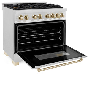 ZLINE Autograph Edition 36" 4.6 cu ft Dual Fuel Range with Gas Stove and Electric Oven in Fingerprint Resistant Stainless Steel with Gold Accents (RASZ-SN-36-G)