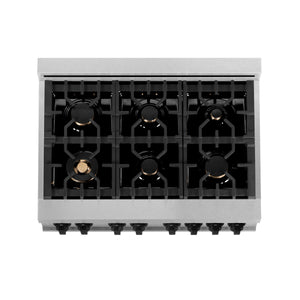 ZLINE Autograph Edition 36" 4.6 cu ft Dual Fuel Range with Gas Stove and Electric Oven in Fingerprint Resistant Stainless Steel with Matte Black Accents (RASZ-SN-36-MB)