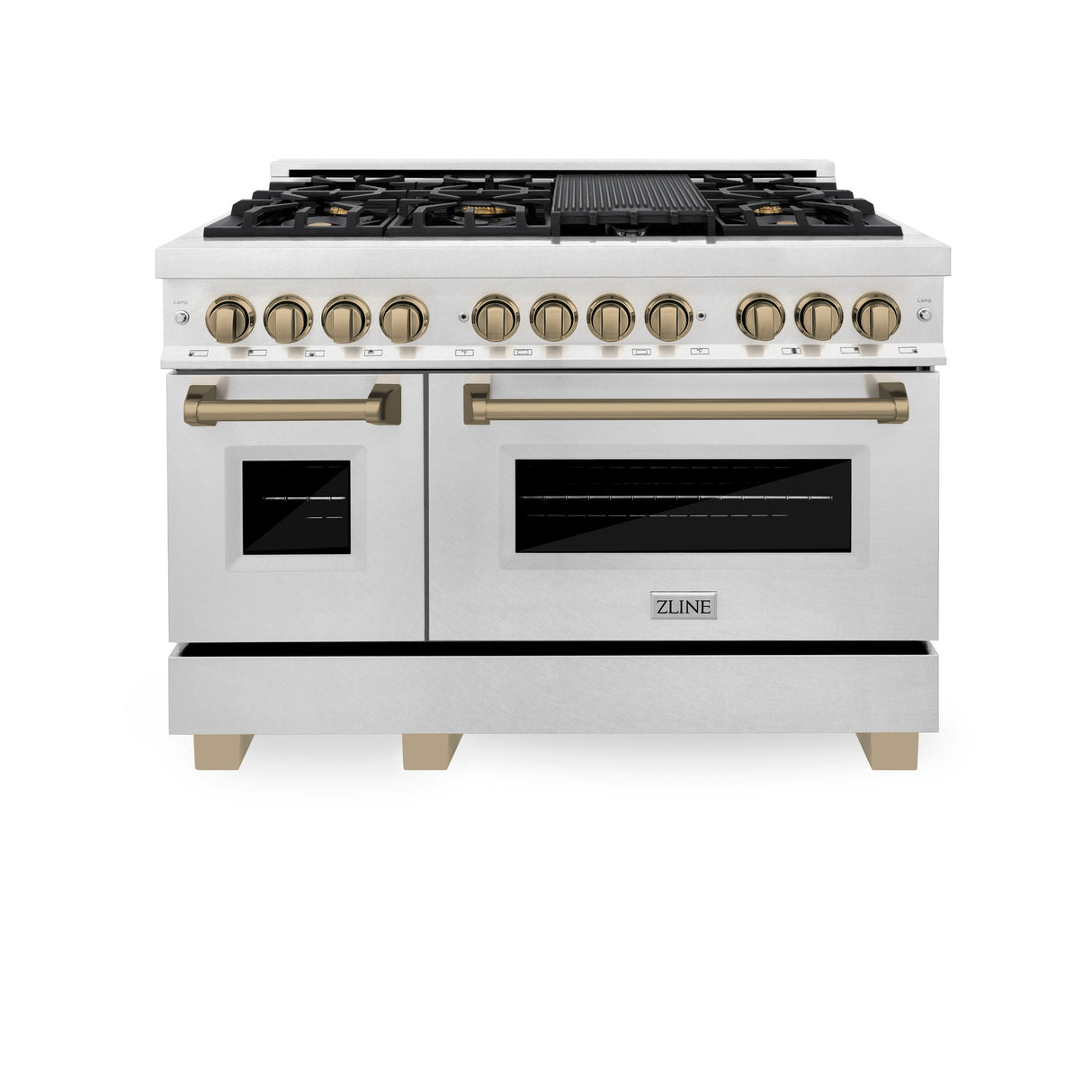 ZLINE Autograph Edition 48" 6.0 cu ft Dual Fuel Range with Gas Stove and Electric Oven in Fingerprint Resistant Stainless Steel with Champagne Bronze Accents (RASZ-SN-48-CB)