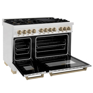 ZLINE Autograph Edition 48" 6.0 cu ft Dual Fuel Range with Gas Stove and Electric Oven in Fingerprint Resistant Stainless Steel with Champagne Bronze Accents (RASZ-SN-48-CB)