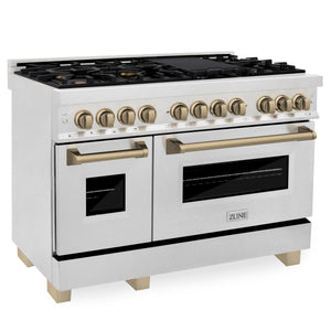 ZLINE Autograph Edition 48" 6.0 cu ft Dual Fuel Range with Gas Stove and Electric Oven in Fingerprint Resistant Stainless Steel with Champagne Bronze Accents (RASZ-SN-48-CB)