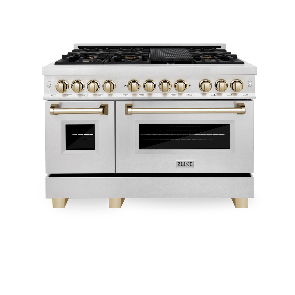 ZLINE Autograph Edition 48" 6.0 cu ft Dual Fuel Range with Gas Stove and Electric Oven in Fingerprint Resistant Stainless Steel with Gold Accents (RASZ-SN-48-G)