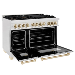 ZLINE Autograph Edition 48" 6.0 cu ft Dual Fuel Range with Gas Stove and Electric Oven in Fingerprint Resistant Stainless Steel with Gold Accents (RASZ-SN-48-G)