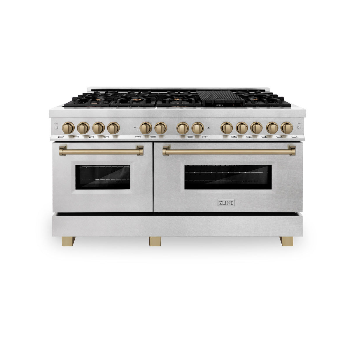 ZLINE Autograph Edition 60" 7.4 cu ft Dual Fuel Range with Gas Stove and Electric Oven in DuraSnow Stainless Steel with Champagne Bronze Accents (RASZ-SN-60-CB)