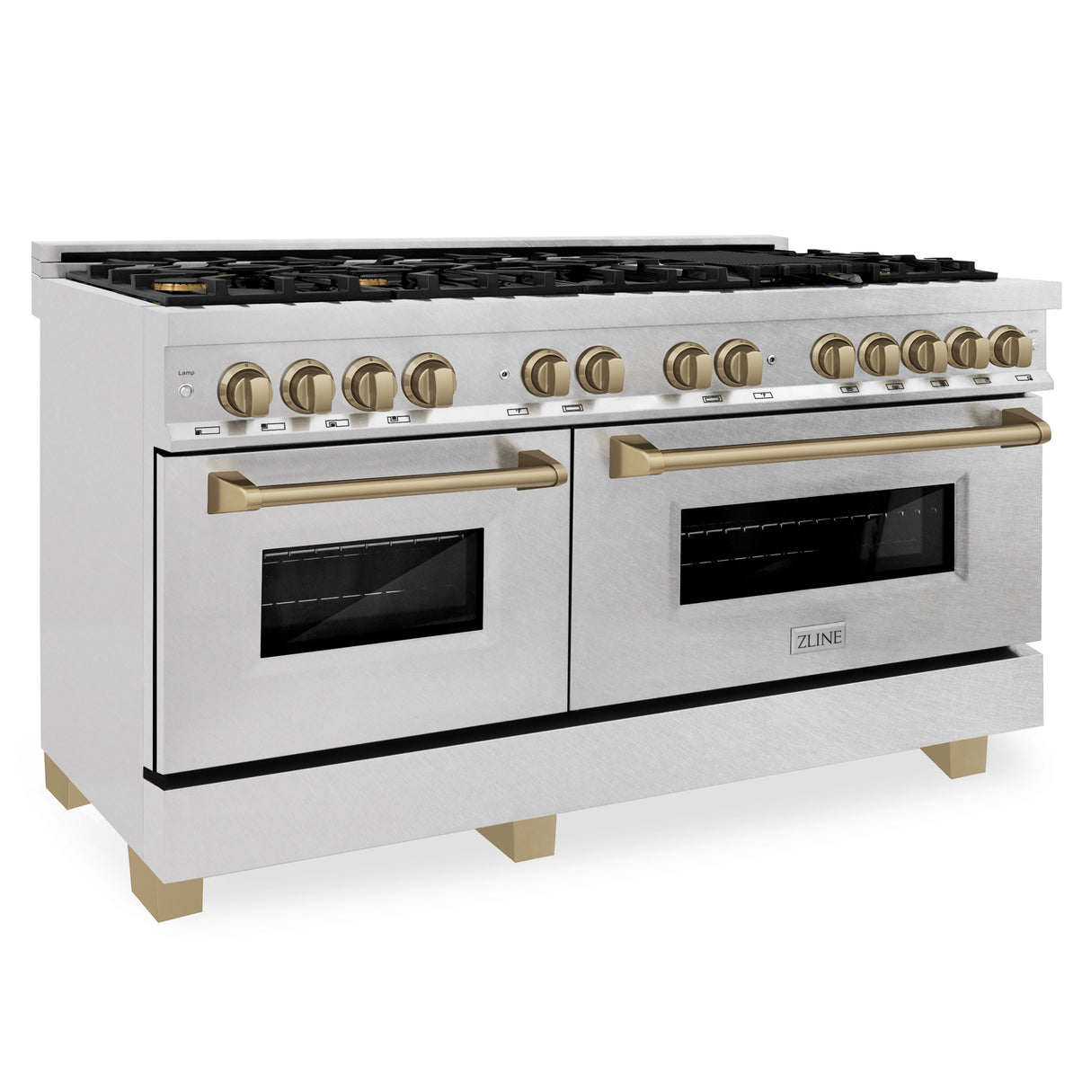 ZLINE Autograph Edition 60" 7.4 cu ft Dual Fuel Range with Gas Stove and Electric Oven in DuraSnow Stainless Steel with Champagne Bronze Accents (RASZ-SN-60-CB)