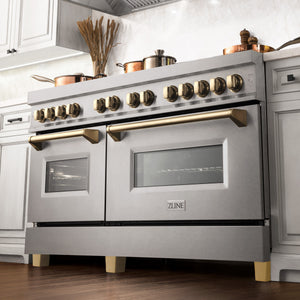 ZLINE Autograph Edition 60" 7.4 cu ft Dual Fuel Range with Gas Stove and Electric Oven in DuraSnow Stainless Steel with Gold Accents (RASZ-SN-60-G)