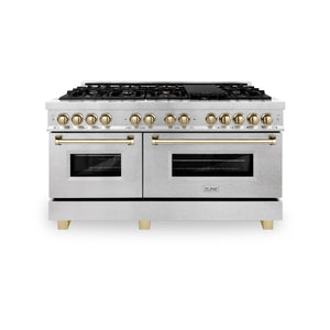 ZLINE Autograph Edition 60" 7.4 cu ft Dual Fuel Range with Gas Stove and Electric Oven in DuraSnow Stainless Steel with Gold Accents (RASZ-SN-60-G)