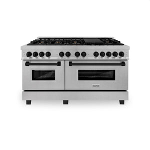 ZLINE Autograph Edition 60" 7.4 cu ft Dual Fuel Range with Gas Stove and Electric Oven in DuraSnow Stainless Steel with Matte Black Accents (RASZ-SN-60-MB)