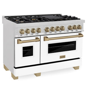 ZLINE Autograph Edition 48" 6.0 cu ft Dual Fuel Range with Gas Stove and Electric Oven in Fingerprint Resistant Stainless Steel with White Matte Door and Champagne Bronze Accents (RASZ-WM-48-CB)