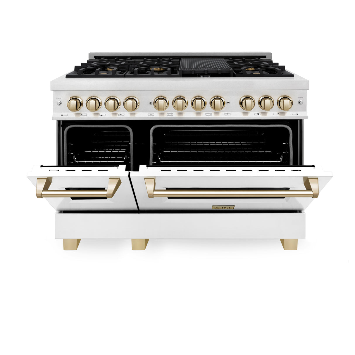 ZLINE Autograph Edition 48" 6.0 cu ft Dual Fuel Range with Gas Stove and Electric Oven in Fingerprint Resistant Stainless Steel with White Matte Door and Gold Accents (RASZ-WM-48-G)