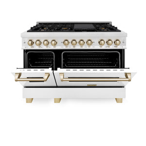 ZLINE Autograph Edition 48" 6.0 cu ft Dual Fuel Range with Gas Stove and Electric Oven in Fingerprint Resistant Stainless Steel with White Matte Door and Gold Accents (RASZ-WM-48-G)