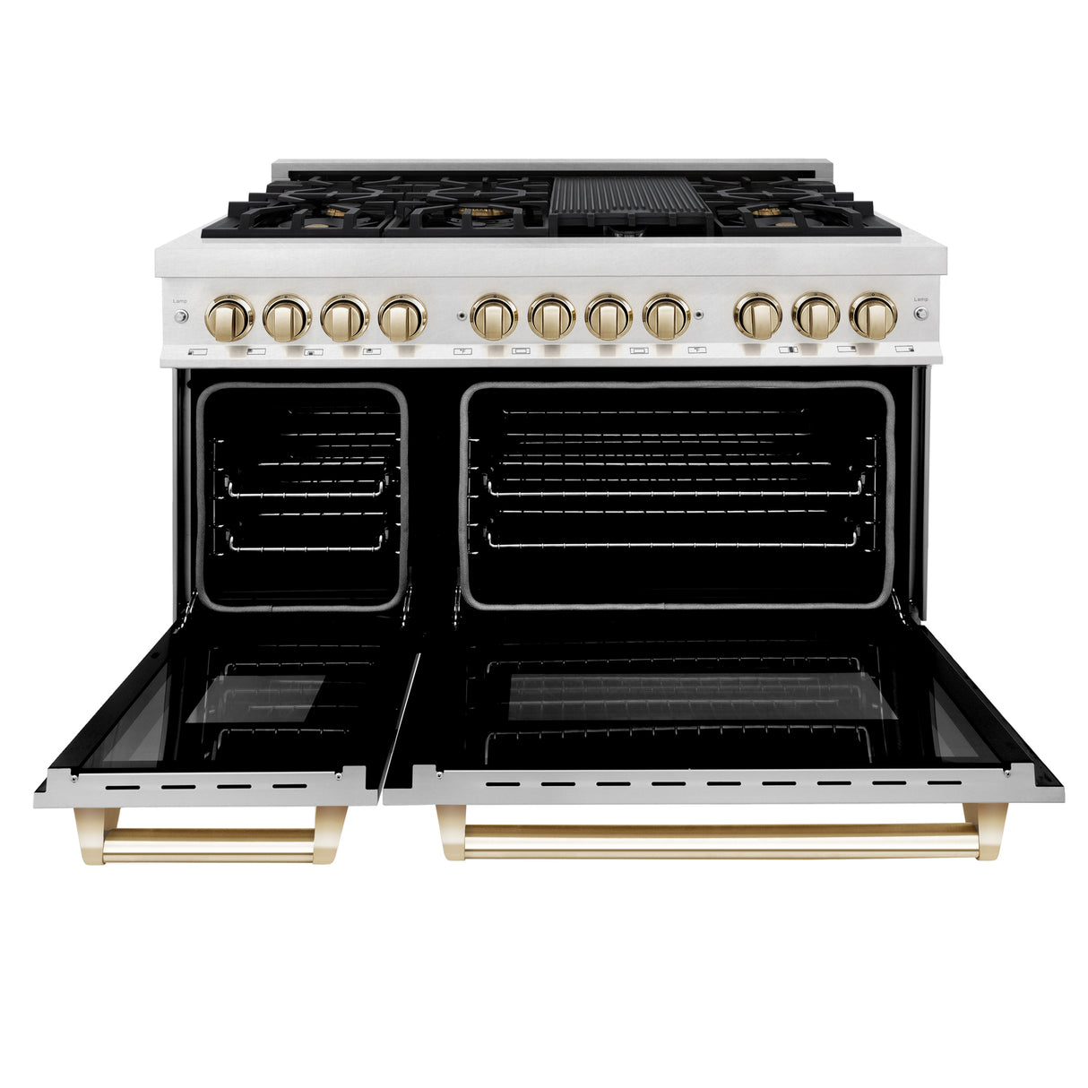 ZLINE Autograph Edition 48" 6.0 cu ft Dual Fuel Range with Gas Stove and Electric Oven in Fingerprint Resistant Stainless Steel with White Matte Door and Gold Accents (RASZ-WM-48-G)