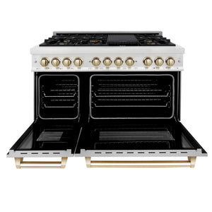 ZLINE Autograph Edition 48" 6.0 cu ft Dual Fuel Range with Gas Stove and Electric Oven in Fingerprint Resistant Stainless Steel with White Matte Door and Gold Accents (RASZ-WM-48-G)