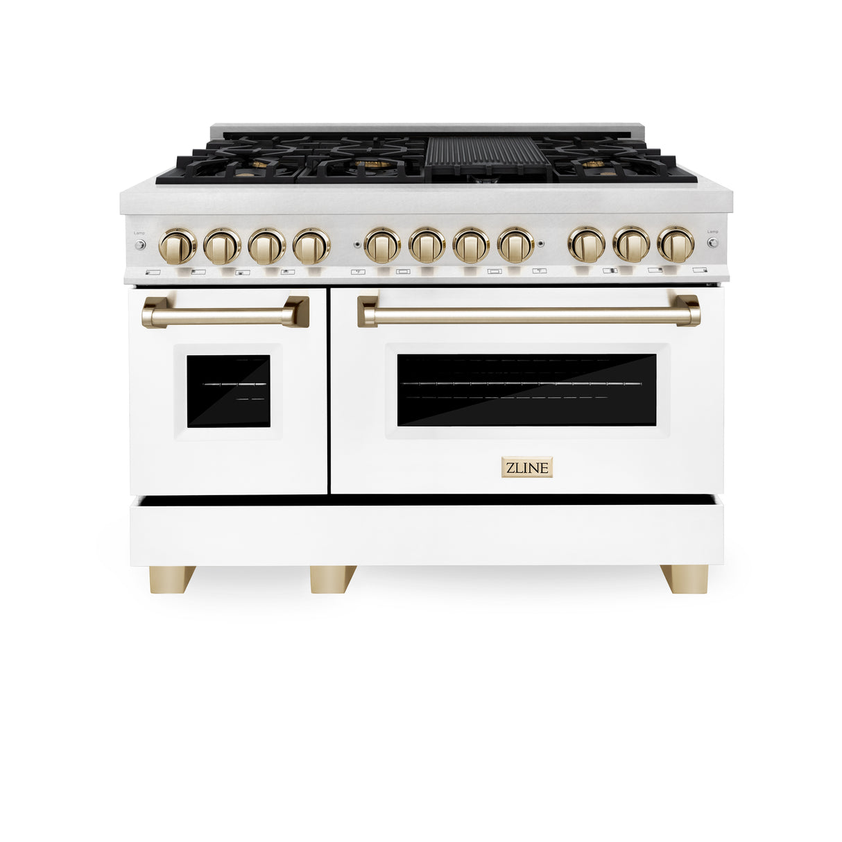 ZLINE Autograph Edition 48" 6.0 cu ft Dual Fuel Range with Gas Stove and Electric Oven in Fingerprint Resistant Stainless Steel with White Matte Door and Gold Accents (RASZ-WM-48-G)