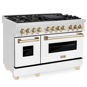 ZLINE Autograph Edition 48" 6.0 cu ft Dual Fuel Range with Gas Stove and Electric Oven in Fingerprint Resistant Stainless Steel with White Matte Door and Gold Accents (RASZ-WM-48-G)