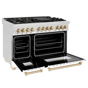 ZLINE Autograph Edition 48" 6.0 cu ft Dual Fuel Range with Gas Stove and Electric Oven in Fingerprint Resistant Stainless Steel with White Matte Door and Gold Accents (RASZ-WM-48-G)