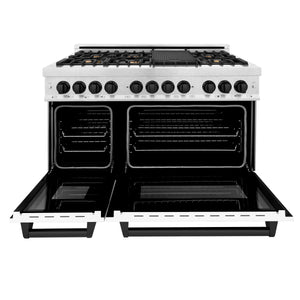 ZLINE Autograph Edition 48" 6.0 cu ft Dual Fuel Range with Gas Stove and Electric Oven in Fingerprint Resistant Stainless Steel with White Matte Door and Matte Black Accents (RASZ-WM-48-MB)