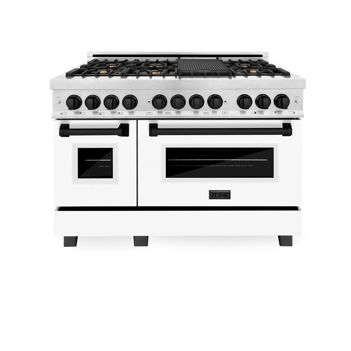 ZLINE Autograph Edition 48" 6.0 cu ft Dual Fuel Range with Gas Stove and Electric Oven in Fingerprint Resistant Stainless Steel with White Matte Door and Matte Black Accents (RASZ-WM-48-MB)