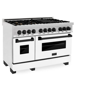 ZLINE Autograph Edition 48" 6.0 cu ft Dual Fuel Range with Gas Stove and Electric Oven in Fingerprint Resistant Stainless Steel with White Matte Door and Matte Black Accents (RASZ-WM-48-MB)