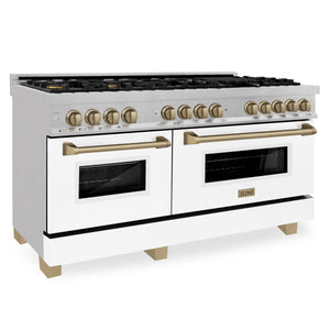 ZLINE Autograph Edition 60" 7.4 cu ft Dual Fuel Range with Gas Stove and Electric Oven in Fingerprint Resistant Stainless Steel with White Matte Door and Champagne Bronze Accents (RASZ-WM-60-CB)