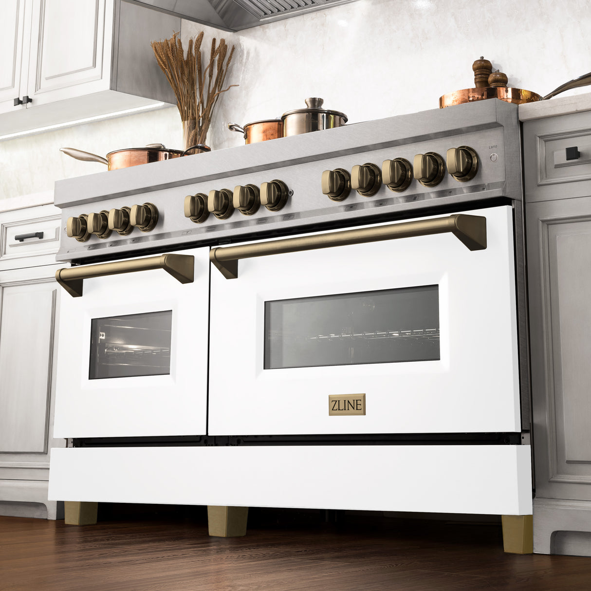 ZLINE Autograph Edition 60" 7.4 cu ft Dual Fuel Range with Gas Stove and Electric Oven in Fingerprint Resistant Stainless Steel with White Matte Door and Champagne Bronze Accents (RASZ-WM-60-CB)