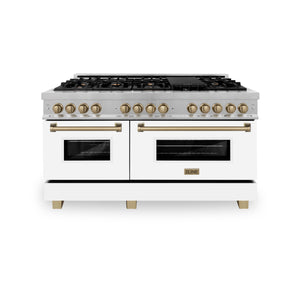 ZLINE Autograph Edition 60" 7.4 cu ft Dual Fuel Range with Gas Stove and Electric Oven in Fingerprint Resistant Stainless Steel with White Matte Door and Champagne Bronze Accents (RASZ-WM-60-CB)