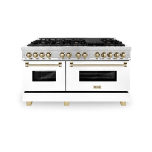 ZLINE Autograph Edition 60" 7.4 cu ft Dual Fuel Range with Gas Stove and Electric Oven in Fingerprint Resistant Stainless Steel with White Matte Door and Gold Accents (RASZ-WM-60-G)