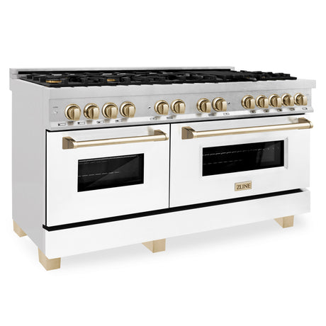 ZLINE Autograph Edition 60" 7.4 cu ft Dual Fuel Range with Gas Stove and Electric Oven in Fingerprint Resistant Stainless Steel with White Matte Door and Gold Accents (RASZ-WM-60-G)