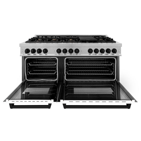 ZLINE Autograph Edition 60" 7.4 cu ft Dual Fuel Range with Gas Stove and Electric Oven in Fingerprint Resistant Stainless Steel with White Matte Door and Matte Black Accents (RASZ-WM-60-MB)