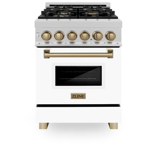 ZLINE Autograph Edition 24" 2.8 cu ft Dual Fuel Range with Gas Stove and Electric Oven in Fingerprint Resistant Stainless Steel with White Matte Door and Champagne Bronze Accents (RASZ-WM-24-CB)