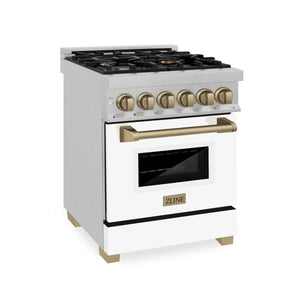 ZLINE Autograph Edition 24" 2.8 cu ft Dual Fuel Range with Gas Stove and Electric Oven in Fingerprint Resistant Stainless Steel with White Matte Door and Champagne Bronze Accents (RASZ-WM-24-CB)