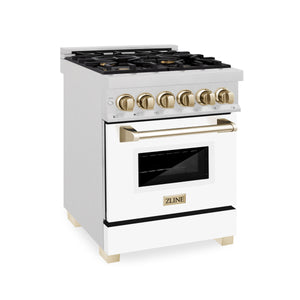 ZLINE Autograph Edition 24" 2.8 cu ft Dual Fuel Range with Gas Stove and Electric Oven in Fingerprint Resistant Stainless Steel with White Matte Door and Gold Accents (RASZ-WM-24-G)