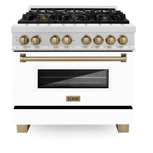 ZLINE Autograph Edition 36" 4.6 cu ft Dual Fuel Range with Gas Stove and Electric Oven in Fingerprint Resistant Stainless Steel with White Matte Door and Champagne Bronze Accents (RASZ-WM-36-CB)