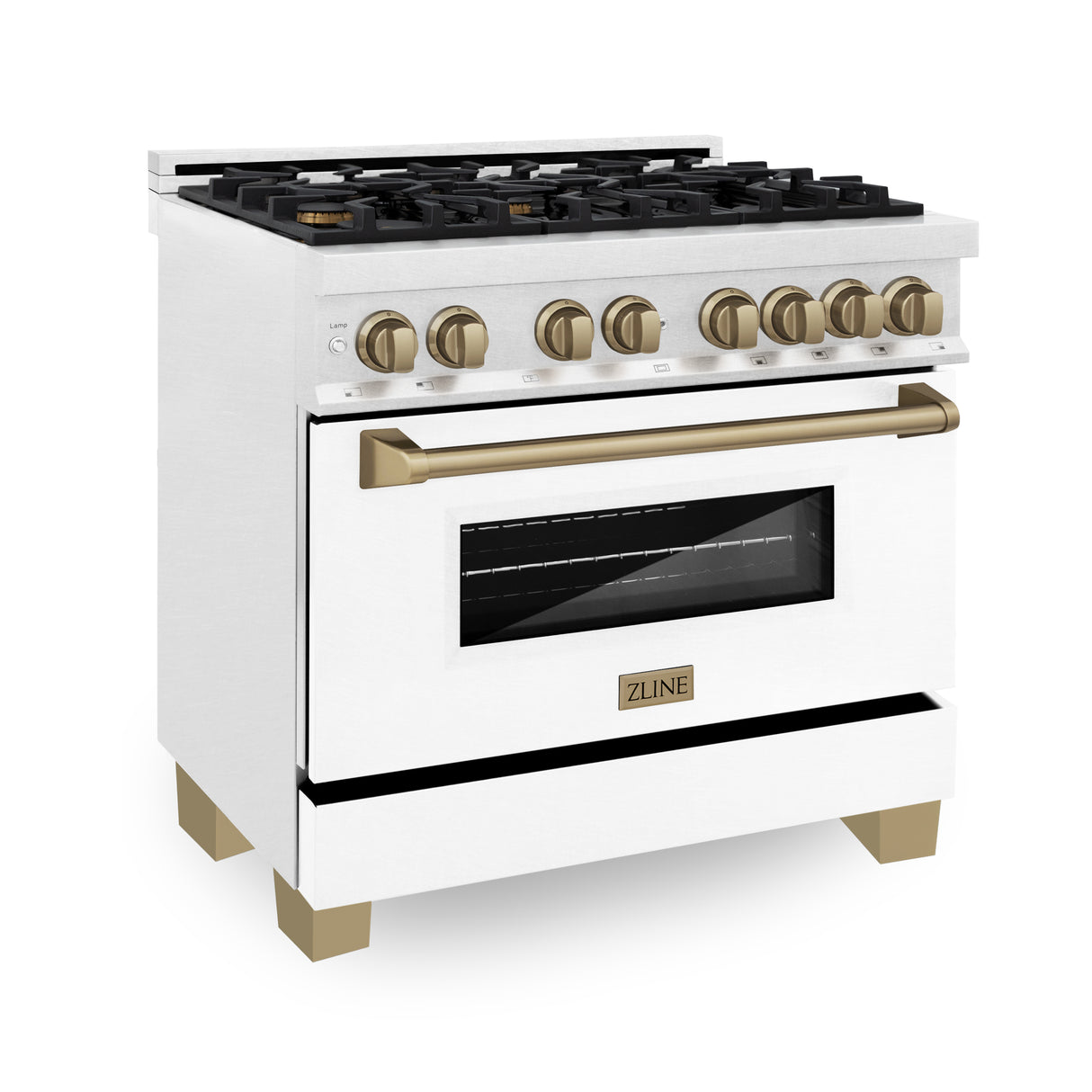 ZLINE Autograph Edition 36" 4.6 cu ft Dual Fuel Range with Gas Stove and Electric Oven in Fingerprint Resistant Stainless Steel with White Matte Door and Champagne Bronze Accents (RASZ-WM-36-CB)