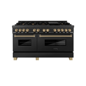 ZLINE Autograph Edition 60" 7.4 cu ft Dual Fuel Range with Gas Stove and Electric Oven in Black Stainless Steel with Champagne Bronze Accents (RABZ-60-CB)