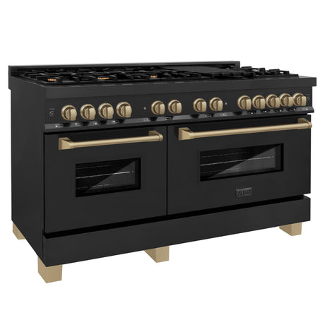 ZLINE Autograph Edition 60" 7.4 cu ft Dual Fuel Range with Gas Stove and Electric Oven in Black Stainless Steel with Champagne Bronze Accents (RABZ-60-CB)