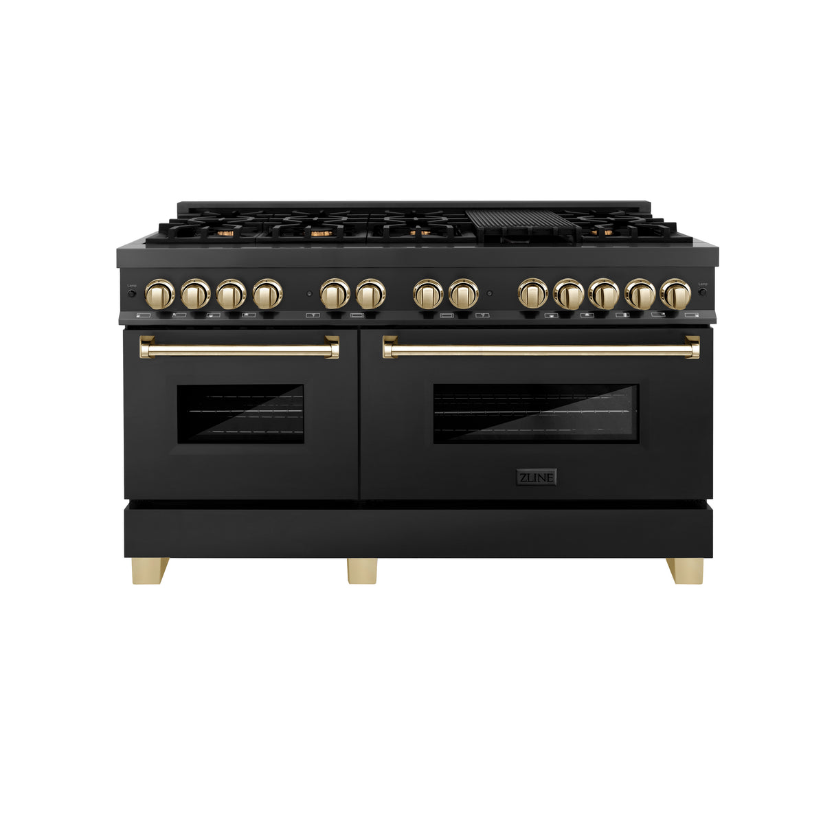 ZLINE Autograph Edition 60" 7.4 cu ft Dual Fuel Range with Gas Stove and Electric Oven in Black Stainless Steel with Gold Accents (RABZ-60-G)