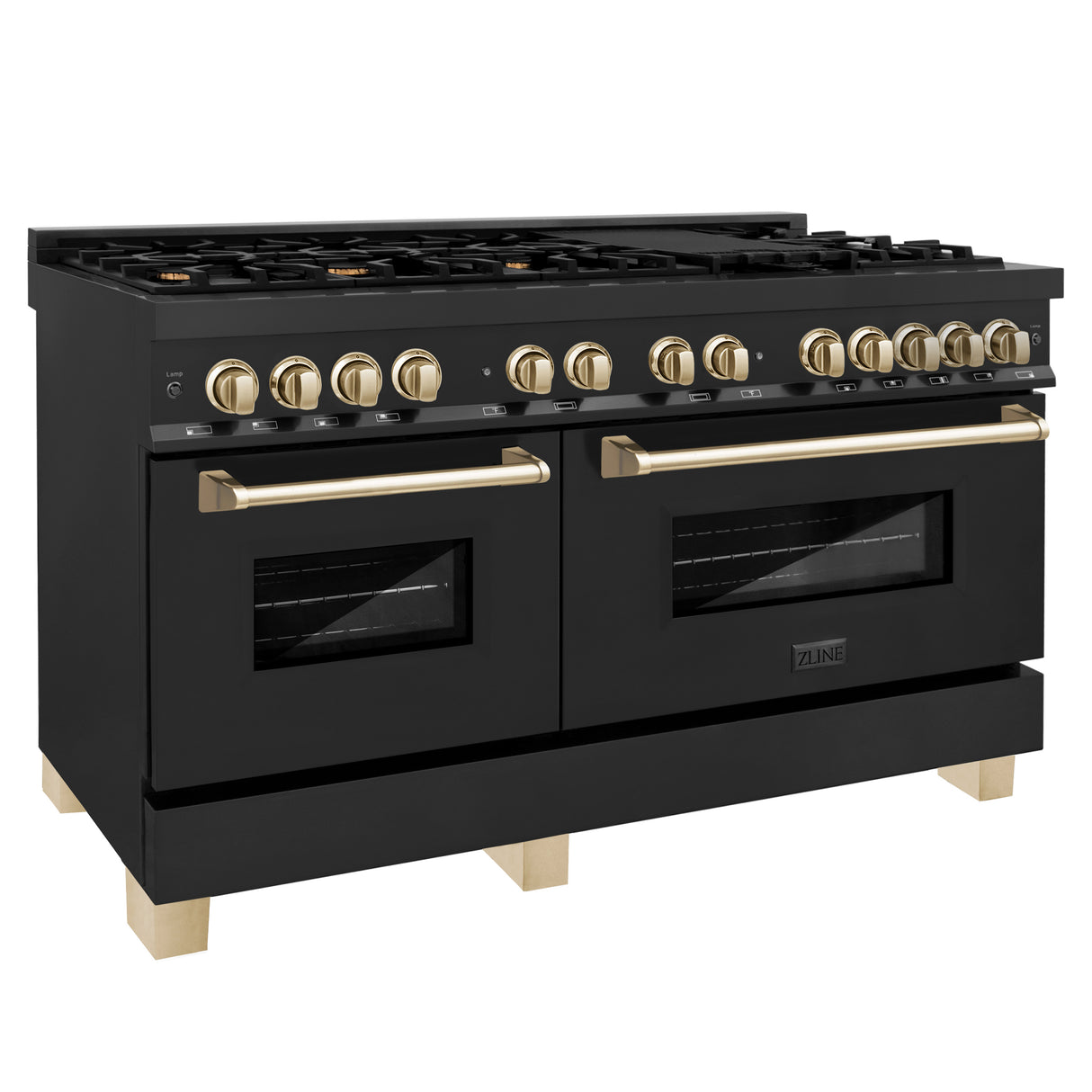 ZLINE Autograph Edition 60" 7.4 cu ft Dual Fuel Range with Gas Stove and Electric Oven in Black Stainless Steel with Gold Accents (RABZ-60-G)