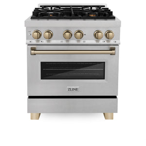 ZLINE Autograph Edition 30" 4.0 cu ft Dual Fuel Range with Gas Stove and Electric Oven in Fingerprint Resistant Stainless Steel with Champagne Bronze Accents (RASZ-SN-30-CB)