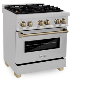 ZLINE Autograph Edition 30" 4.0 cu ft Dual Fuel Range with Gas Stove and Electric Oven in Fingerprint Resistant Stainless Steel with Champagne Bronze Accents (RASZ-SN-30-CB)