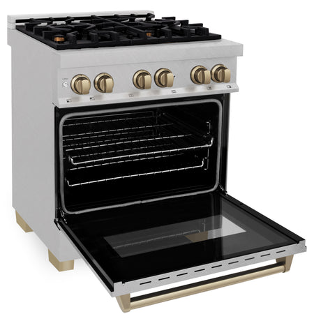 ZLINE Autograph Edition 30" 4.0 cu ft Dual Fuel Range with Gas Stove and Electric Oven in Fingerprint Resistant Stainless Steel with Champagne Bronze Accents (RASZ-SN-30-CB)