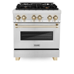 ZLINE Autograph Edition 30" 4.0 cu ft Dual Fuel Range with Gas Stove and Electric Oven in Fingerprint Resistant Stainless Steel with Gold Accents (RASZ-SN-30-G)