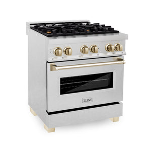 ZLINE Autograph Edition 30" 4.0 cu ft Dual Fuel Range with Gas Stove and Electric Oven in Fingerprint Resistant Stainless Steel with Gold Accents (RASZ-SN-30-G)