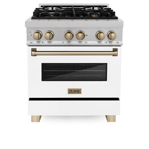 ZLINE Autograph Edition 30" 4.0 cu ft Dual Fuel Range with Gas Stove and Electric Oven in Fingerprint Resistant Stainless Steel with White Matte Door and Champagne Bronze Accents (RASZ-WM-30-CB)