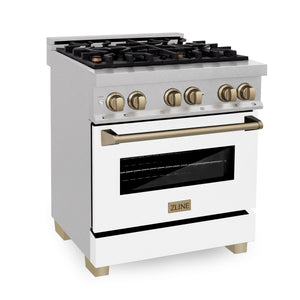 ZLINE Autograph Edition 30" 4.0 cu ft Dual Fuel Range with Gas Stove and Electric Oven in Fingerprint Resistant Stainless Steel with White Matte Door and Champagne Bronze Accents (RASZ-WM-30-CB)