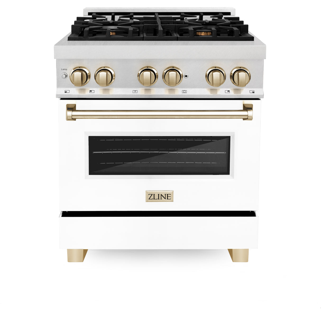 ZLINE Autograph Edition 30" 4.0 cu ft Dual Fuel Range with Gas Stove and Electric Oven in Fingerprint Resistant Stainless Steel with White Matte Door and Gold Accents (RASZ-WM-30-G)