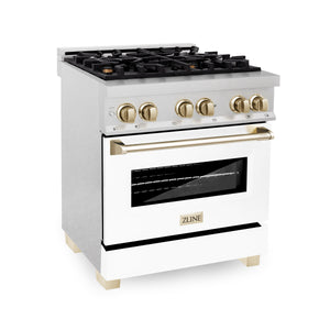 ZLINE Autograph Edition 30" 4.0 cu ft Dual Fuel Range with Gas Stove and Electric Oven in Fingerprint Resistant Stainless Steel with White Matte Door and Gold Accents (RASZ-WM-30-G)