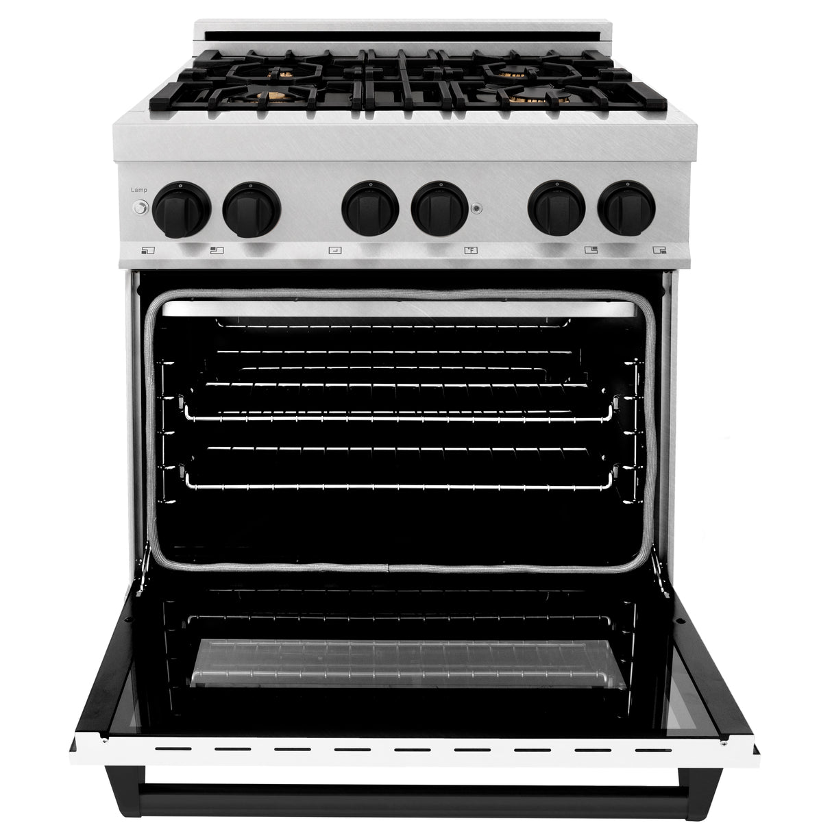 ZLINE Autograph Edition 30" 4.0 cu ft Dual Fuel Range with Gas Stove and Electric Oven in Fingerprint Resistant Stainless Steel with White Matte Door and Matte Black Accents (RASZ-WM-30-MB)